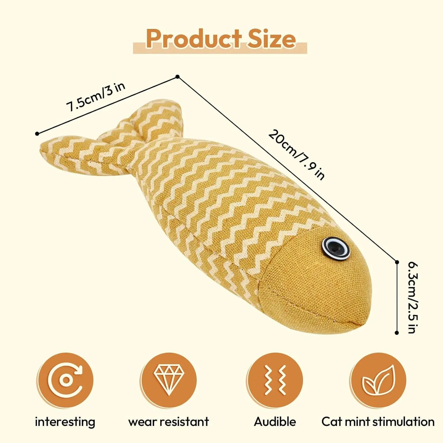 Potaroma Interactive Catnip Fish Toys - Set of 3 Crinkle Sound Kicker Toys for Indoor Cats, 7.8 Inches, Soft Linen Material, Suitable for All Breeds